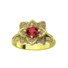 Taşlı Lotus Çiçeği Yüzük - Garnet ve pembe kuvars 8 ayar altın yüzük #55m9w5