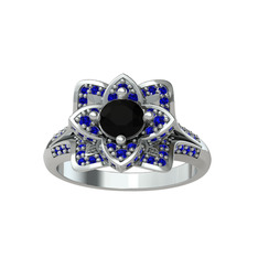 Taşlı Lotus Çiçeği Yüzük - Siyah zirkon ve lab safir 925 ayar gümüş yüzük #689ggx