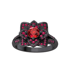 Taşlı Lotus Çiçeği Yüzük - Garnet ve rodolit garnet 925 ayar siyah rodyum kaplama gümüş yüzük #74i94v
