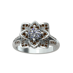 Taşlı Lotus Çiçeği Yüzük - Swarovski ve dumanlı kuvars 8 ayar beyaz altın yüzük #74vt9l