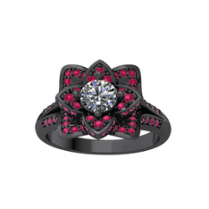 Taşlı Lotus Çiçeği Yüzük - Swarovski ve rodolit garnet 925 ayar siyah rodyum kaplama gümüş yüzük #76cqah