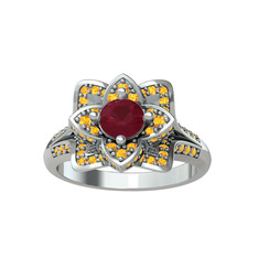 Taşlı Lotus Çiçeği Yüzük - Kök yakut ve sitrin 8 ayar beyaz altın yüzük #8pg30j