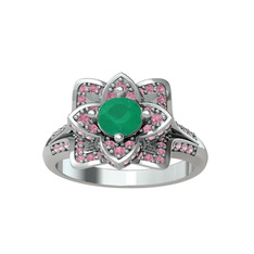 Taşlı Lotus Çiçeği Yüzük - Kök zümrüt ve pembe kuvars 14 ayar beyaz altın yüzük #9h7zx7