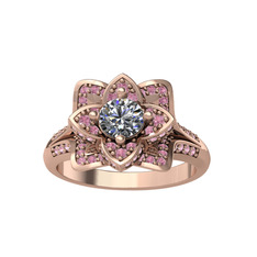 Taşlı Lotus Çiçeği Yüzük - Swarovski ve pembe kuvars 8 ayar rose altın yüzük #9ya1mf