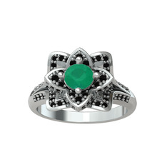 Taşlı Lotus Çiçeği Yüzük - Kök zümrüt ve siyah zirkon 14 ayar beyaz altın yüzük #ac9qiq