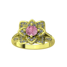 Taşlı Lotus Çiçeği Yüzük - Pembe kuvars ve pırlanta 14 ayar altın yüzük (0.9064 karat) #afmvy2