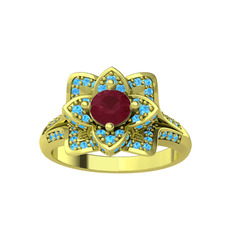 Taşlı Lotus Çiçeği Yüzük - Kök yakut ve akuamarin 14 ayar altın yüzük #cfcvwt
