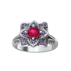 Taşlı Lotus Çiçeği Yüzük - Rodolit garnet ve ametist 14 ayar beyaz altın yüzük #cmthaw