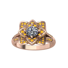 Taşlı Lotus Çiçeği Yüzük - Beyaz zirkon ve sitrin 925 ayar rose altın kaplama gümüş yüzük #e0igf7