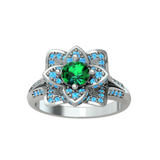 Taşlı Lotus Çiçeği Yüzük - Yeşil kuvars ve akuamarin 8 ayar beyaz altın yüzük #g2iqda