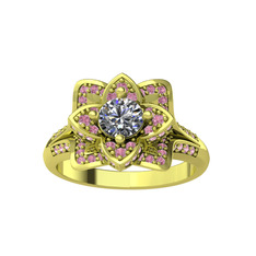 Taşlı Lotus Çiçeği Yüzük - Swarovski ve pembe kuvars 18 ayar altın yüzük #ihgrg2