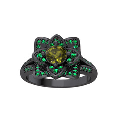 Taşlı Lotus Çiçeği Yüzük - Peridot ve yeşil kuvars 925 ayar siyah rodyum kaplama gümüş yüzük #kou314