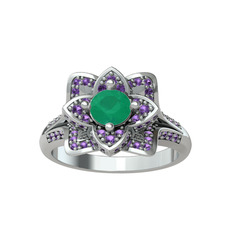Taşlı Lotus Çiçeği Yüzük - Kök zümrüt ve ametist 14 ayar beyaz altın yüzük #lletub