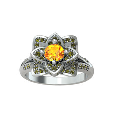 Taşlı Lotus Çiçeği Yüzük - Sitrin ve peridot 18 ayar beyaz altın yüzük #lzu7th