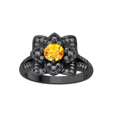 Taşlı Lotus Çiçeği Yüzük - Sitrin ve pırlanta 925 ayar siyah rodyum kaplama gümüş yüzük (0.9064 karat) #n763t2