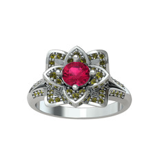 Taşlı Lotus Çiçeği Yüzük - Rodolit garnet ve peridot 14 ayar beyaz altın yüzük #puc239