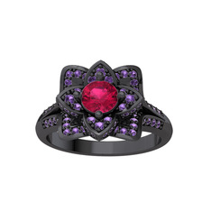 Taşlı Lotus Çiçeği Yüzük - Rodolit garnet ve ametist 925 ayar siyah rodyum kaplama gümüş yüzük #qo792m
