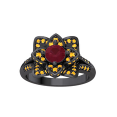 Taşlı Lotus Çiçeği Yüzük - Kök yakut ve sitrin 925 ayar siyah rodyum kaplama gümüş yüzük #r46z2m