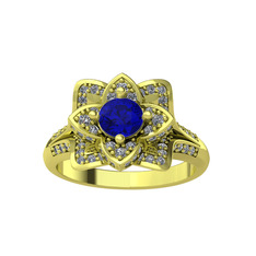 Taşlı Lotus Çiçeği Yüzük - Lab safir ve swarovski 925 ayar altın kaplama gümüş yüzük #re5xte