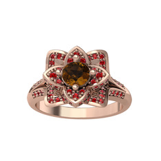 Taşlı Lotus Çiçeği Yüzük - Dumanlı kuvars ve garnet 18 ayar rose altın yüzük #ta774k