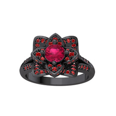 Taşlı Lotus Çiçeği Yüzük - Rodolit garnet ve garnet 925 ayar siyah rodyum kaplama gümüş yüzük #tgau4z