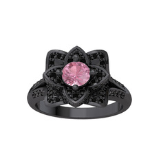 Taşlı Lotus Çiçeği Yüzük - Pembe kuvars ve siyah zirkon 925 ayar siyah rodyum kaplama gümüş yüzük #tnf51f