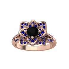 Taşlı Lotus Çiçeği Yüzük - Siyah zirkon ve lab safir 18 ayar rose altın yüzük #ufv3pr