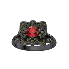 Taşlı Lotus Çiçeği Yüzük - Garnet ve peridot 925 ayar siyah rodyum kaplama gümüş yüzük #upf9d5