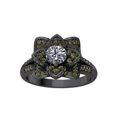 Taşlı Lotus Çiçeği Yüzük - Swarovski ve peridot 925 ayar siyah rodyum kaplama gümüş yüzük #ura3db