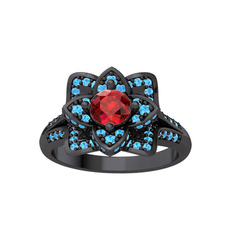Taşlı Lotus Çiçeği Yüzük - Garnet ve akuamarin 925 ayar siyah rodyum kaplama gümüş yüzük #v524bg