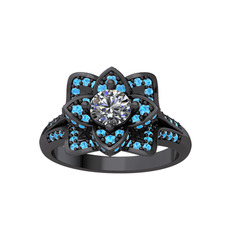 Taşlı Lotus Çiçeği Yüzük - Swarovski ve akuamarin 925 ayar siyah rodyum kaplama gümüş yüzük #v5o4xm