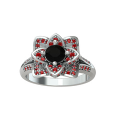 Taşlı Lotus Çiçeği Yüzük - Siyah zirkon ve garnet 8 ayar beyaz altın yüzük #v8mtdr