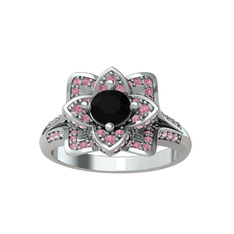 Taşlı Lotus Çiçeği Yüzük - Siyah zirkon ve pembe kuvars 18 ayar beyaz altın yüzük #vly0d7