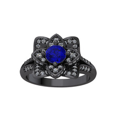 Taşlı Lotus Çiçeği Yüzük - Lab safir ve swarovski 925 ayar siyah rodyum kaplama gümüş yüzük #xa0yzh