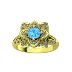 Taşlı Lotus Çiçeği Yüzük - Akuamarin ve pırlanta 8 ayar altın yüzük (0.9064 karat) #xy81uh