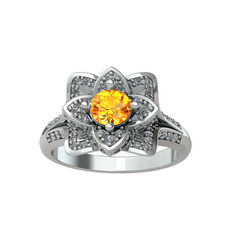 Taşlı Lotus Çiçeği Yüzük - Sitrin ve beyaz zirkon 8 ayar beyaz altın yüzük #y8k79w