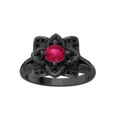 Taşlı Lotus Çiçeği Yüzük - Rodolit garnet ve siyah zirkon 925 ayar siyah rodyum kaplama gümüş yüzük #yon58t