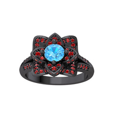 Taşlı Lotus Çiçeği Yüzük - Akuamarin ve garnet 925 ayar siyah rodyum kaplama gümüş yüzük #yu170b
