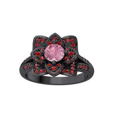 Taşlı Lotus Çiçeği Yüzük - Pembe kuvars ve garnet 925 ayar siyah rodyum kaplama gümüş yüzük #yyez31