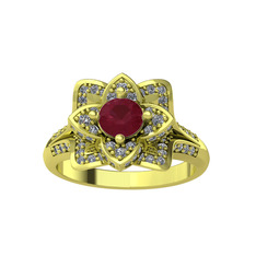 Taşlı Lotus Çiçeği Yüzük - Kök yakut ve beyaz zirkon 14 ayar altın yüzük #zdul6c