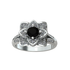 Taşlı Lotus Çiçeği Yüzük - Siyah zirkon ve swarovski 8 ayar beyaz altın yüzük #zivcdi