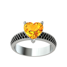 Sitrin ve siyah zirkon 14 ayar beyaz altın yüzük