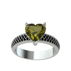 Peridot ve siyah zirkon 14 ayar beyaz altın yüzük