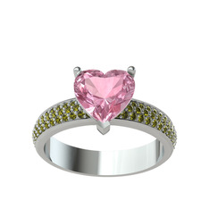 Pembe kuvars ve peridot 8 ayar beyaz altın yüzük