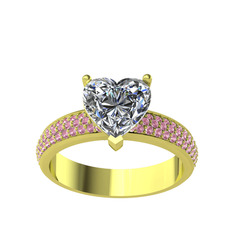 Amar Kalp Yüzük - Swarovski ve pembe kuvars 925 ayar altın kaplama gümüş yüzük #2659gz