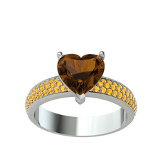 Amar Kalp Yüzük - Dumanlı kuvars ve sitrin 14 ayar beyaz altın yüzük #3dsrcx