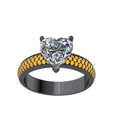 Amar Kalp Yüzük - Swarovski ve sitrin 925 ayar siyah rodyum kaplama gümüş yüzük #iogcha