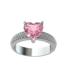 Pembe kuvars ve pırlanta 14 ayar beyaz altın yüzük (0.7392 karat)