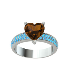 Dumanlı kuvars ve akuamarin 8 ayar beyaz altın yüzük