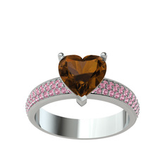 Amar Kalp Yüzük - Dumanlı kuvars ve pembe kuvars 8 ayar beyaz altın yüzük #qhd2b3